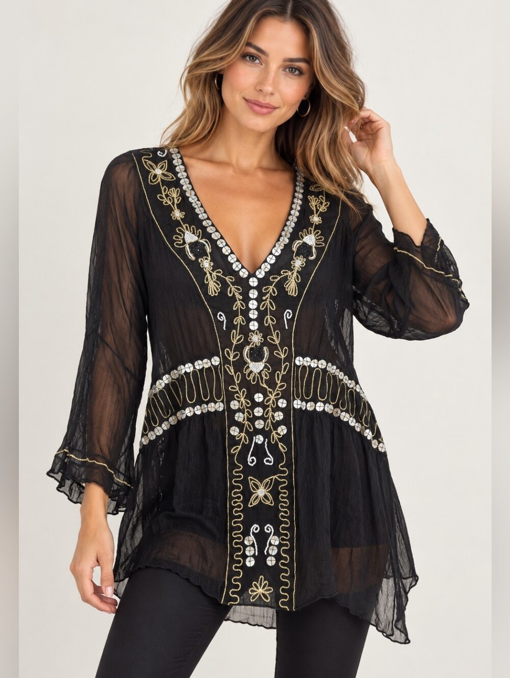 Simon Chang Black Silk Embellished Sheer Top